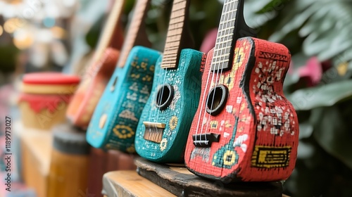 Colorful Handcrafted Ukuleles Displayed Together