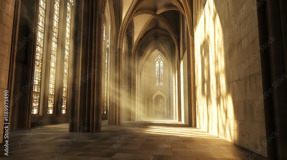 Obraz premium Sunlit cathedral aisle, serene and grand.