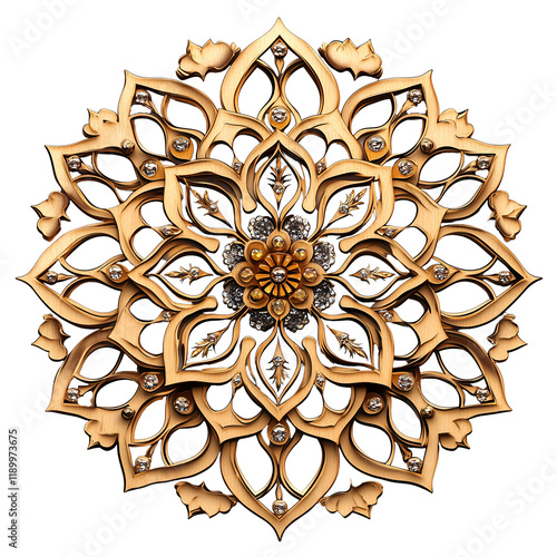 golden islamic ornament with floral pattern illustration in transparent background