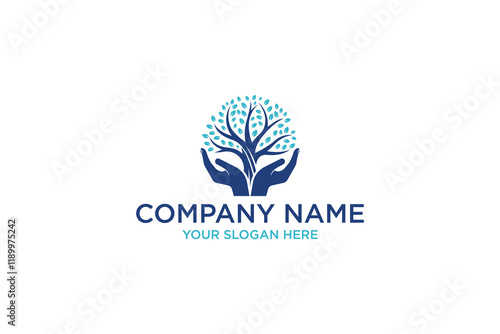 Symbolic Image of Hands Supporting a Growing Tree with Leaves