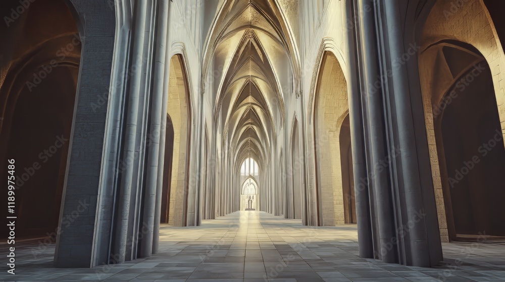 Fototapeta premium Grand cathedral hallway, light streams in