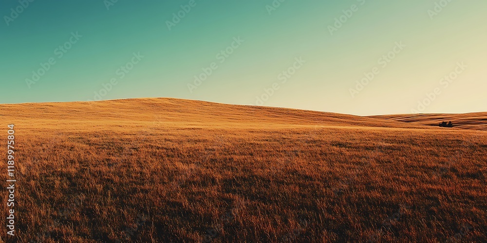 Fototapeta premium Golden field under clear sky, sunset landscape, serene nature, background for websites