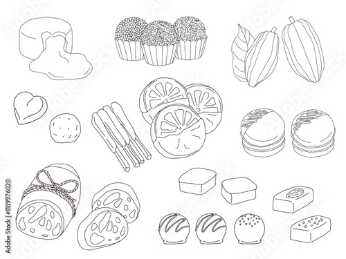 色んな種類のチョコレートの線画のモノクロイラストセット