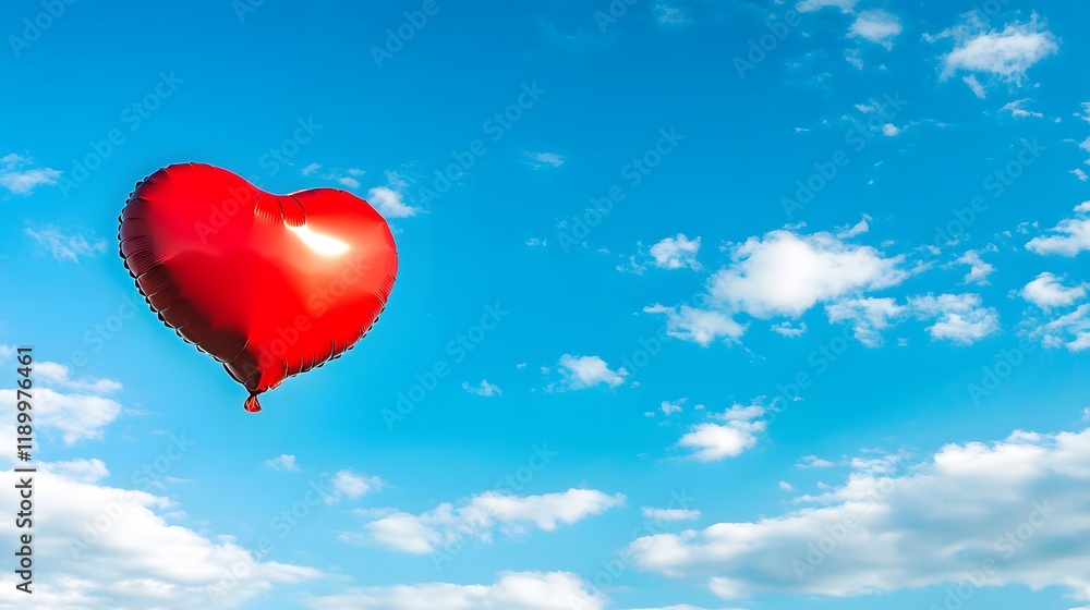 Red heart balloon floats in sunny sky; clouds, romantic backdrop, Valentine's Day Red heart balloon floats in sunny sky; clouds, romantic backdrop, Valentine's Day