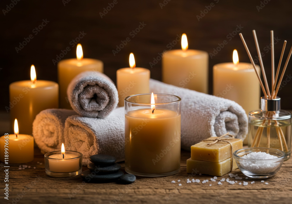Spa Essentials: Candles, Towels, and Soap on Wooden Table Spa Essentials: Candles, Towels, and Soap on Wooden Table