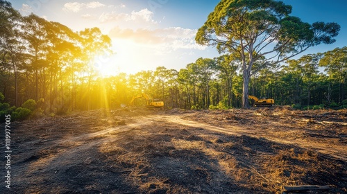 Heavy Machinery Operating in a Barren Landscape Under Bright Sunlight After Tree Removal, Showcasing Scattered Debris Across the Ground photo