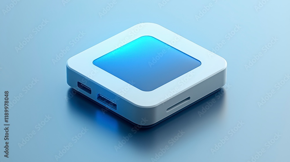 Modern white square digital media player with blue screen. Modern white square digital media player with blue screen.