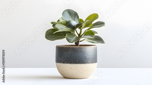 A Ficus binnendijkii plant in a stylish two-tone ceramic pot.