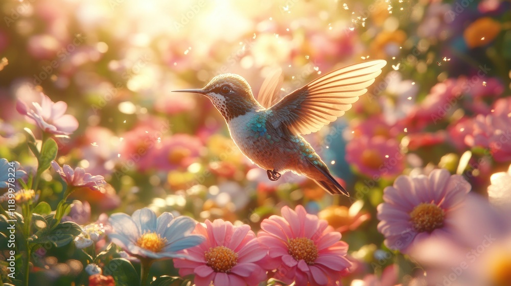 Fototapeta premium Hummingbird hovering, floral garden, sunrise, magic, spring