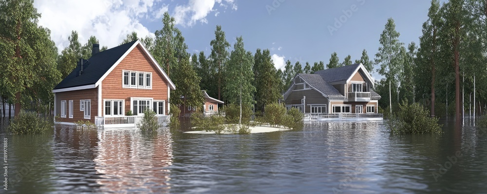 Fototapeta premium Flooded Residential Area with Submerged Houses and Pine Trees in a Natural Disaster Scene.
