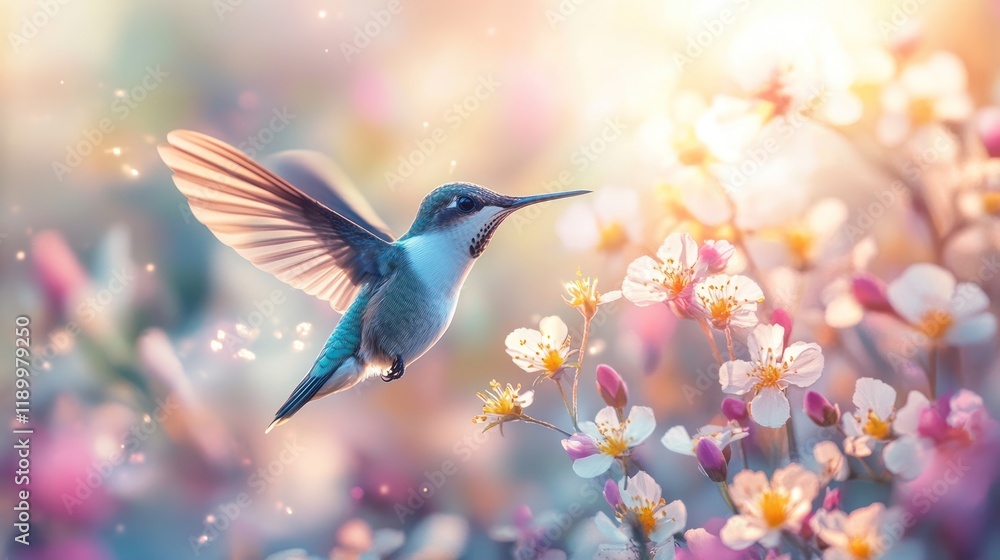 Fototapeta premium Hummingbird spring garden sunrise floral bloom