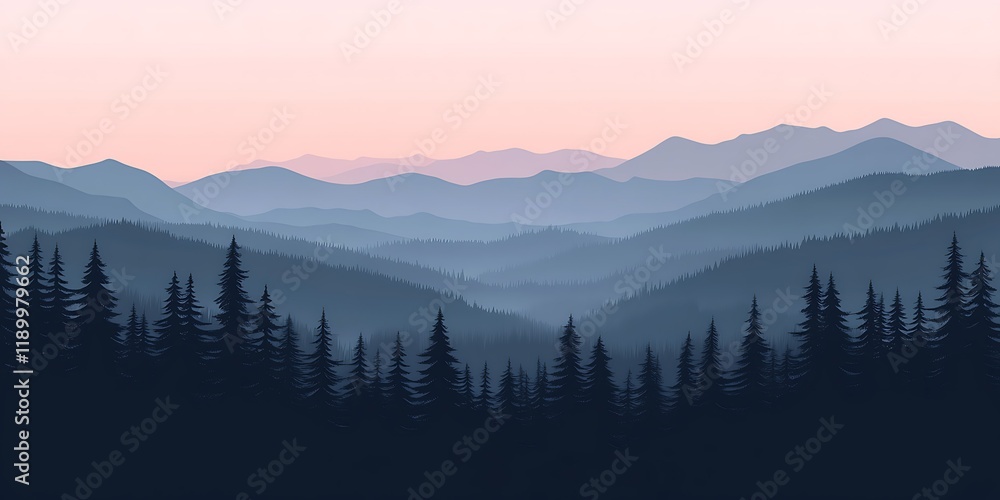 Obraz premium Misty mountain range at dawn, pine trees in foreground, peaceful landscape, nature background