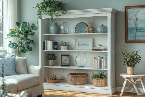 White Wooden Bookcase with Crossed Beams and Shelves, Coastal Farmhouse Living Room with Glass Vases, Books, and Plants. photo