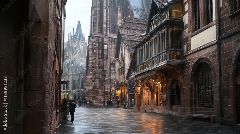 Fototapeta premium Historic street scene, cathedral view