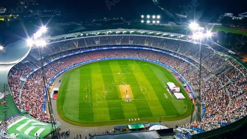 A brightly lit cricket stadium filled with excitement, ready for a big match under the floodlights, representing energy, passion, and the joy of sports.