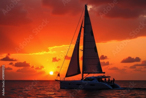 Dramatic Horizon - Catamaran Silhouetted at Sunset. photo