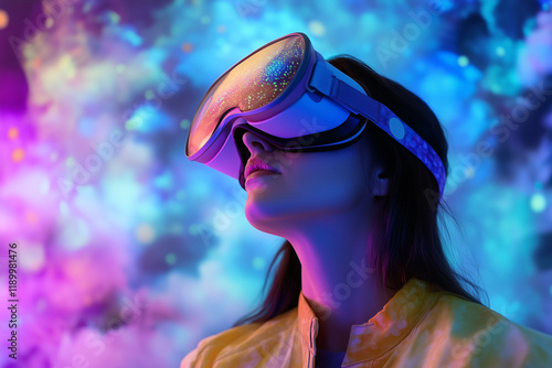 Woman wearing virtual reality goggle glass, having 3d experience in virtual reality. Metaverse and blockchain 3D experience technology. Generative Ai. photo