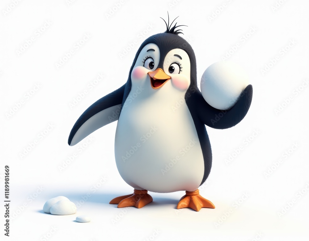 Fototapeta premium Playful Penguin Holding a Snowball