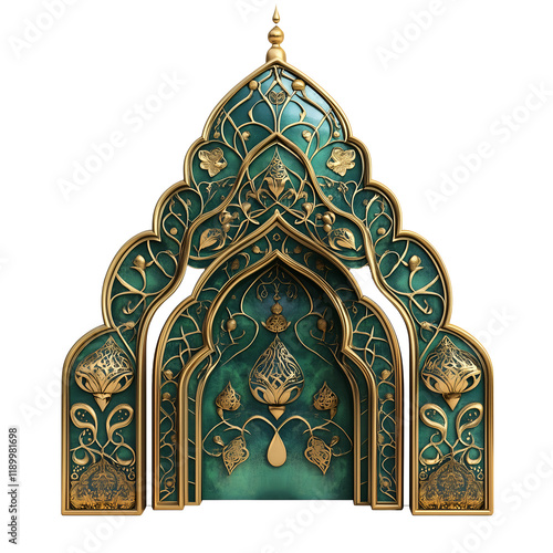 Luxurious Islamic emerald green mosque ornament on a transparent background
