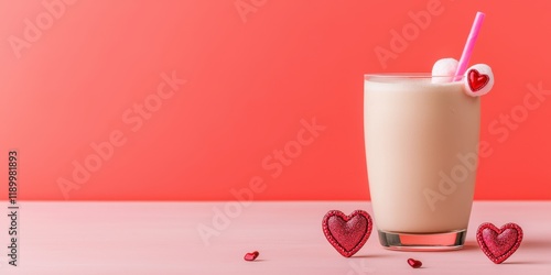 Valentine's themed pink beverage concept. Creamy drink with hearts on a pink table against a vibrant red background