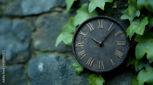 Wallpaper Mural Antique clock on stone wall, ivy background, time concept, website banner Torontodigital.ca
