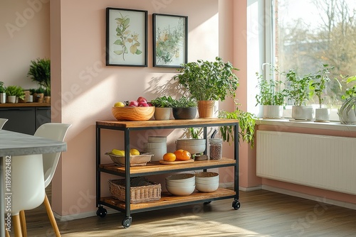 Black and Pine Wood Metal-Frame Multifunctional Storage Shelf Trolley with Wheels in Dining Room, Featuring White Chairs, Pink Walls, and Grey Concrete Table. photo