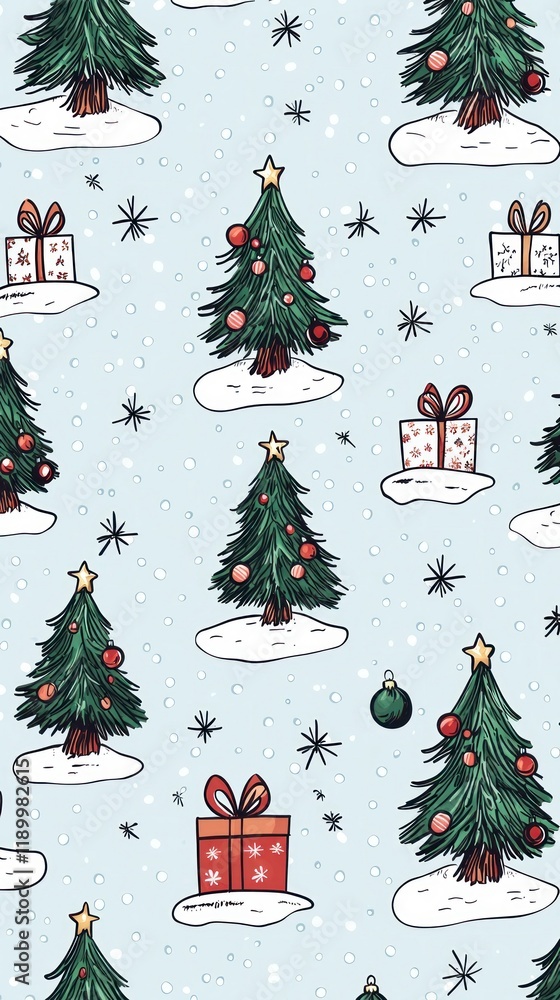 Obraz premium Festive Christmas Seamless Pattern Trees Gifts Snow Winter Wonderland