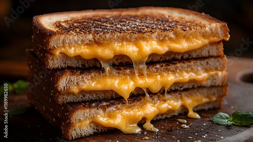 A triple-decker grilled cheese sandwich with melted cheese oozing out, close-up shot photo