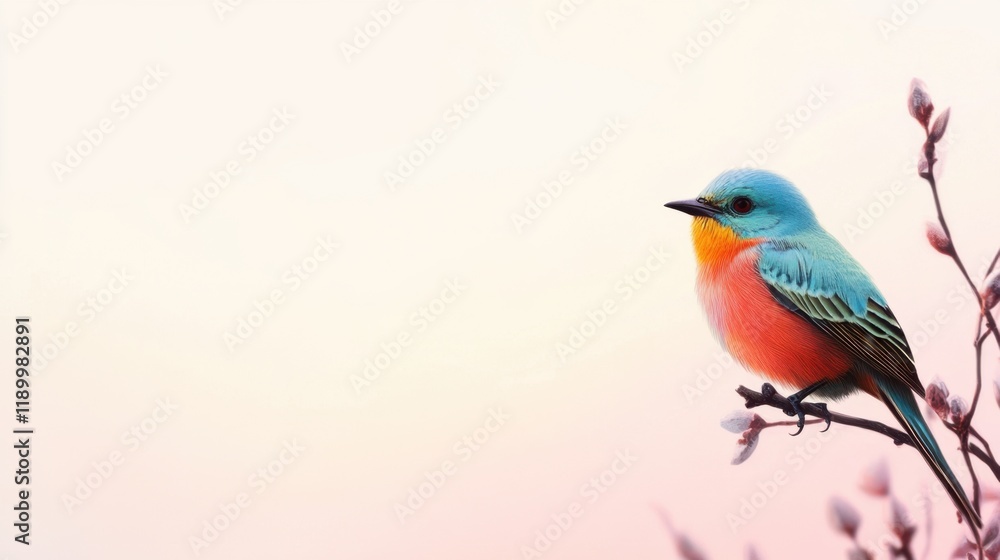 Fototapeta premium Serene Colorful Bird on Blossom Branch at Dawn A Vibrant Springtime Scene
