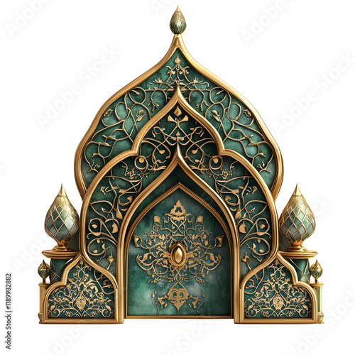 Luxurious Islamic emerald green mosque ornament on a transparent background