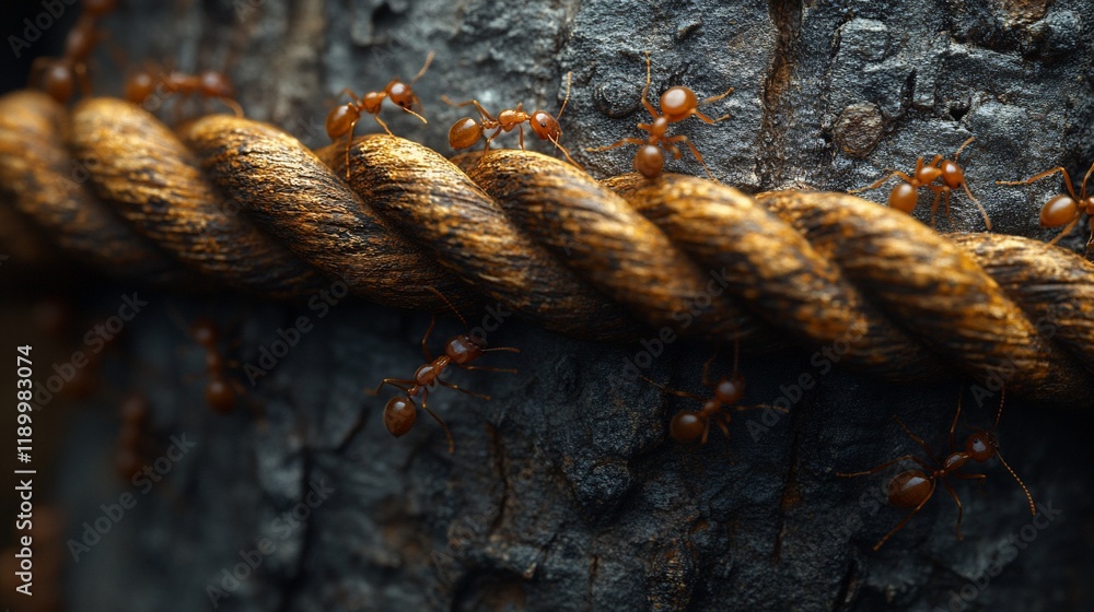 Ants crossing rope on tree trunk Ants crossing rope on tree trunk