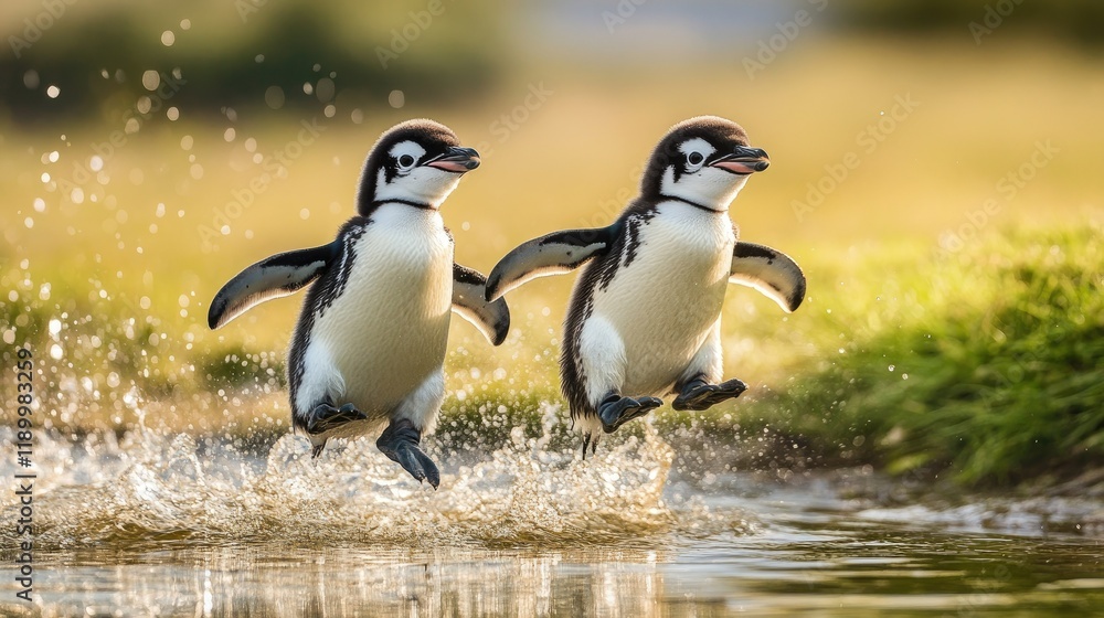 Naklejka premium Group of cute little baby penguins running in the water on the beach