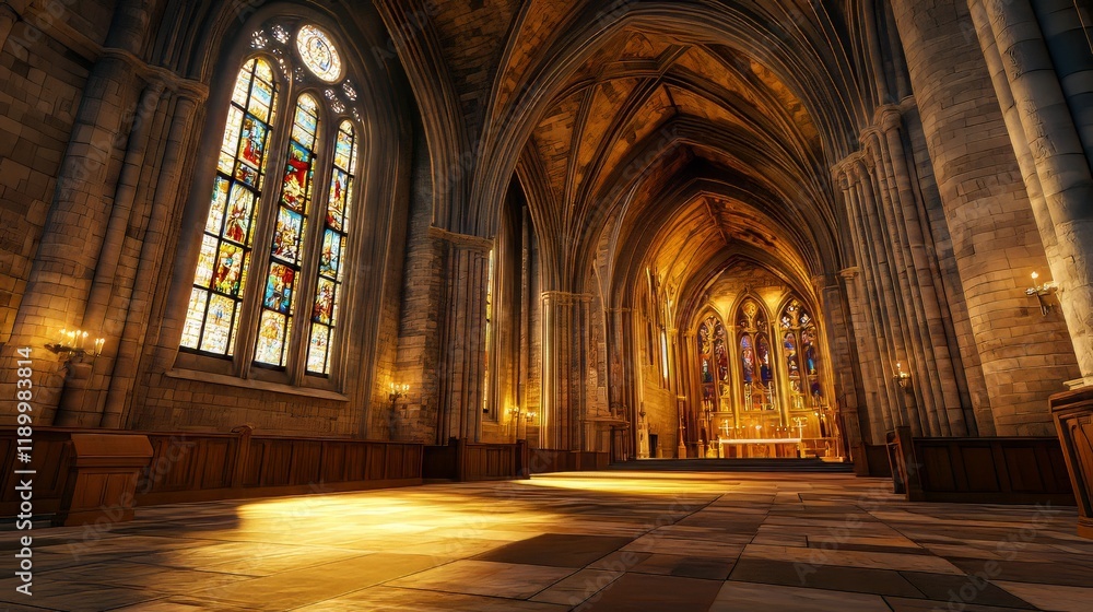 Fototapeta premium Grand cathedral interior, sunlight streams