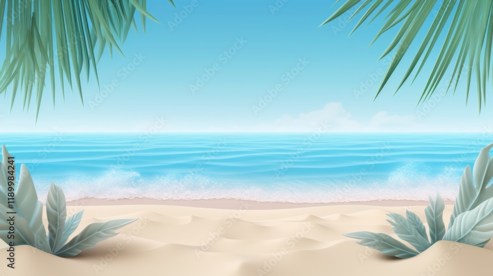 Fototapeta premium Tropical Beach Paradise: Serene Ocean View Framed by Lush Palm Leaves