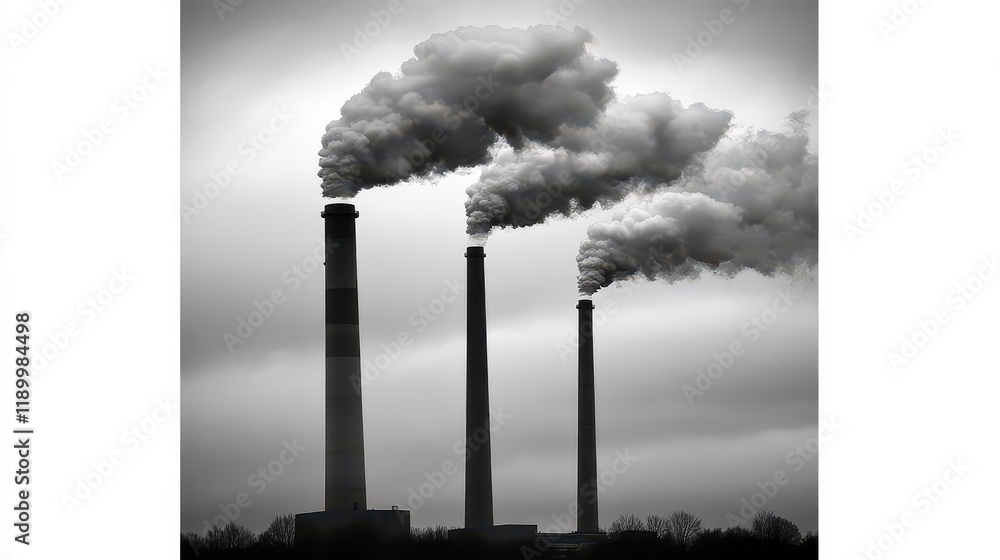 Smokestacks Emitting Thick Smoke into Overcast Sky with Muted Tones, Highlighting Environmental Impact and Industrial Emissions in Gigapixel Clarity Smokestacks Emitting Thick Smoke into Overcast Sky with Muted Tones, Highlighting Environmental Impact and Industrial Emissions in Gigapixel Clarity