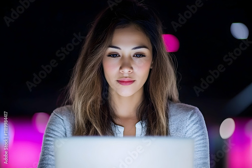 Woman Works on Laptop at Night, Illuminated by Screen Glow, Focus on Task, Dedicatedly Working Late photo