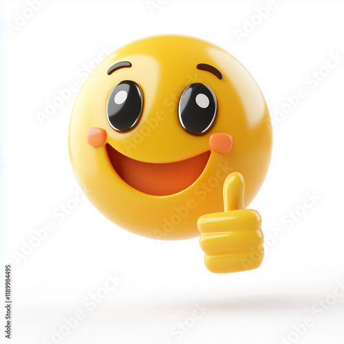 3D Smiling Emoji with Thumbs Up on White Background. A bright yellow 3D emoji with a joyful expression and thumbs-up gesture, symbolizing approval, positivity, and encouragement. 