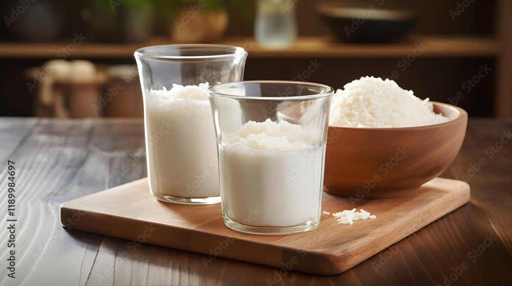 Two glasses of milk on a wooden table with rice in the background Two glasses of milk on a wooden table with rice in the background