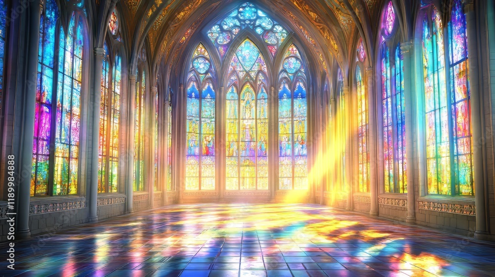 Sunlit cathedral with stained glass Sunlit cathedral with stained glass