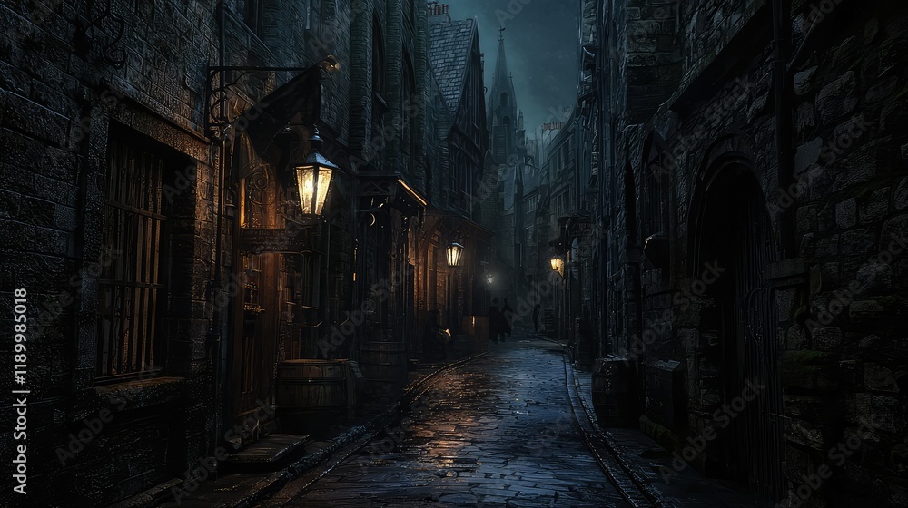 Obraz premium Dark and Mysterious Cobblestone Alley with Vintage Street Lamps