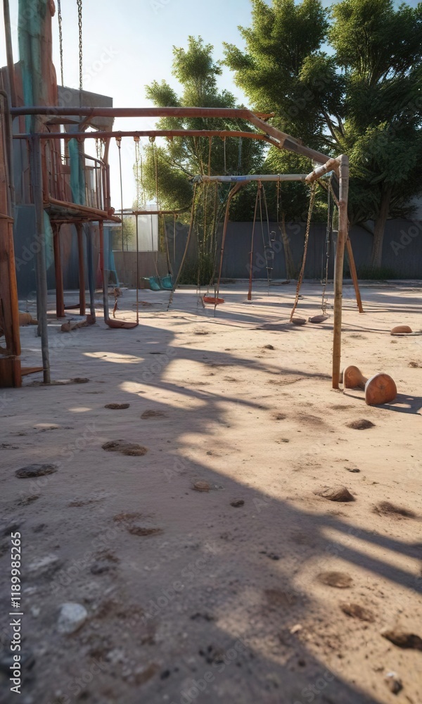 Abandoned playground equipment in an empty square, city park, concrete jungle Abandoned playground equipment in an empty square, city park, concrete jungle