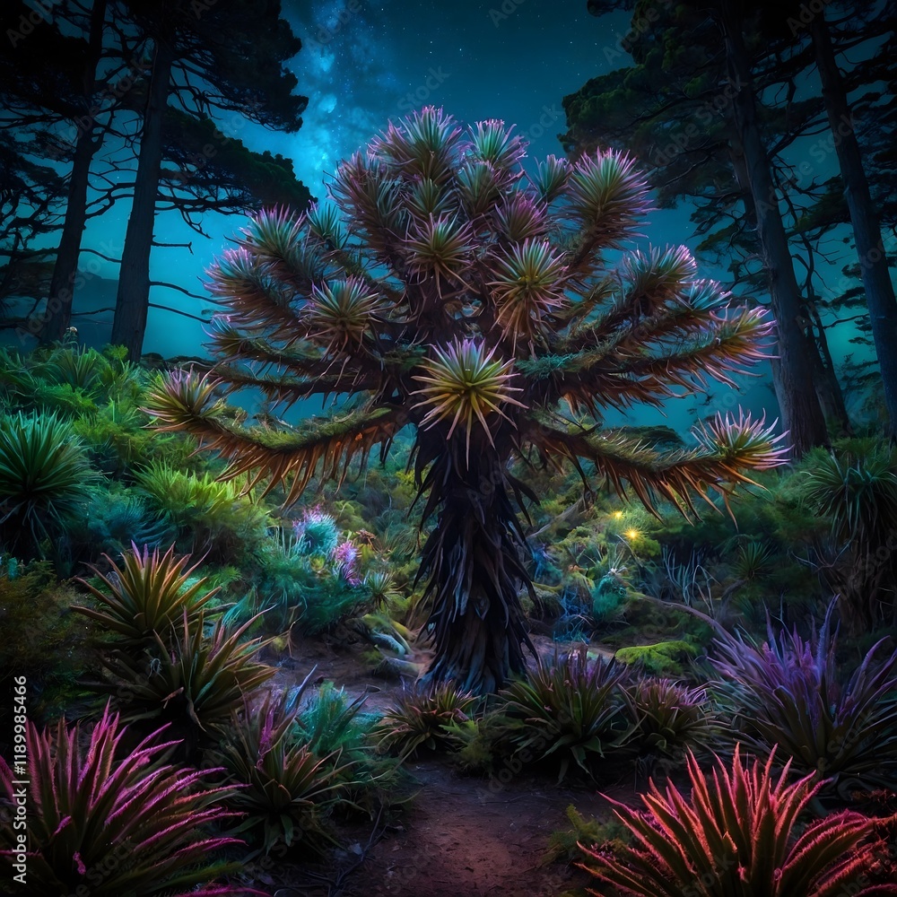 Magical Fantasy World with Monkey Puzzle Trees and Glowing Creatures Magical Fantasy World with Monkey Puzzle Trees and Glowing Creatures