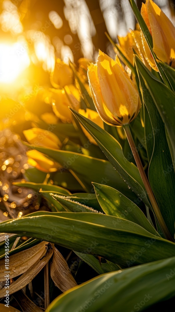 Golden Hour Tulips  Spring Flowers  Sunrise  Dew Drops  Yellow Blossoms  Nature Photograph