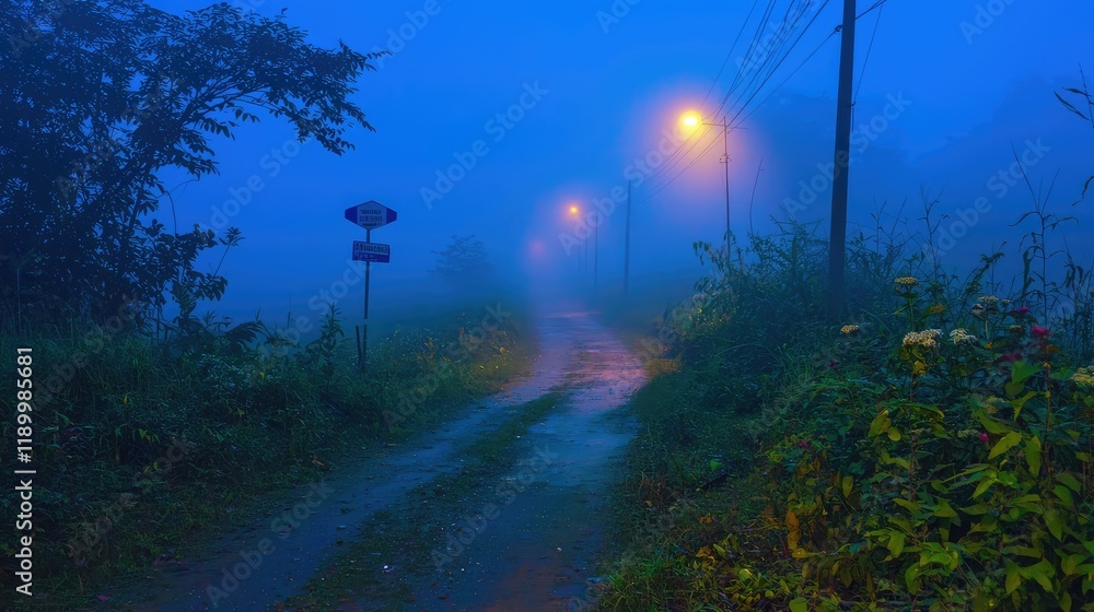 Fototapeta premium Misty Road at Dawn with Street Lights and Foggy Atmosphere
