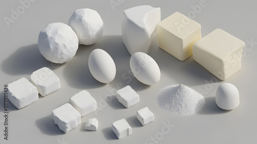 A studio shot of white baking ingredients: eggs, butter, flour, and sugar.  The image is clean and minimalist, ideal for food blogs or recipe websites. photo