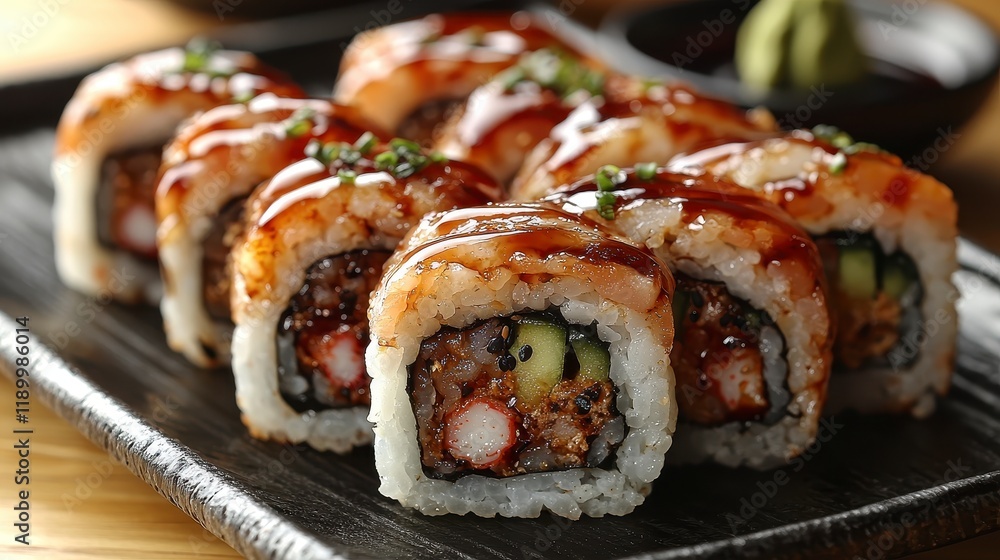 Close-up of delicious sushi rolls with glazed salmon, crab, and avocado. Close-up of delicious sushi rolls with glazed salmon, crab, and avocado.