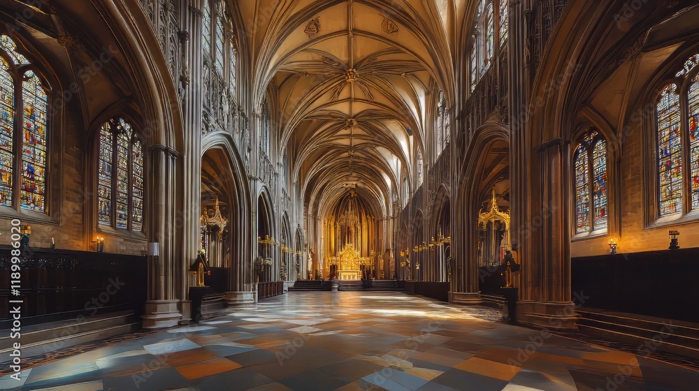 Grand cathedral interior, sunlight streams in. Grand cathedral interior, sunlight streams in.