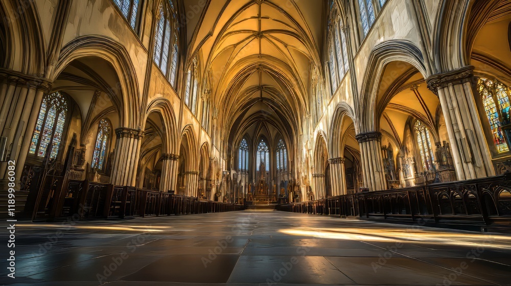 Fototapeta premium Grand church interior, sunlight streams in