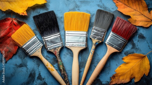 Autumn paintbrushes on blue background.