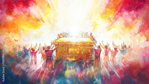 A vibrant watercolor of the Ark of the Covenant being carried by priests, with divine light shining down upon it.